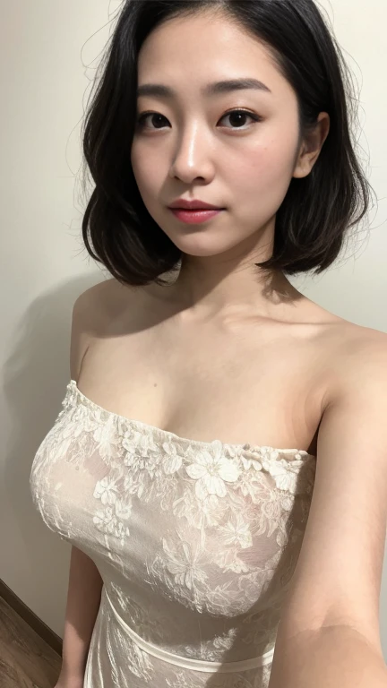 highest quality,masterpiece,Ultra-high resolution,(Realistic:1.4),Beautiful lighting, (Highly detailed CG Unity 8k wallpaper), Beautiful face in every detail,Detailed clothing, 50mm portrait photography, No background、One Girl,Big black eyes, cute, young, stop temporarily, Facial Lighting, Physically Based Rendering,Written boundary depth , Black Hair, short hair, ((Take from above)), Japanese women、20-year-old、Beige lace shirt、(Big Breasts)、(Upper Body)、Young and beautiful woman taking a selfie, Taken with iPhone camera、In front of a white wall