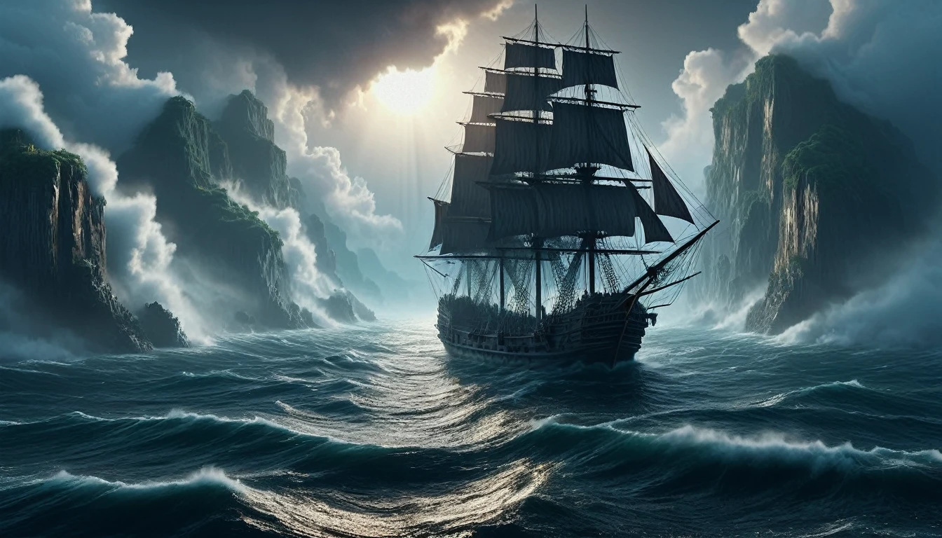 a privateer ship in the 1700s, detailed sea fort, asian soldier, dramatic lighting, cinematic composition, epic scale, realistic, photorealistic, best quality, 8k, masterpiece, ultra-detailed, vivid colors, dramatic lighting, volumetric fog, ocean waves, detailed textures, intricate details