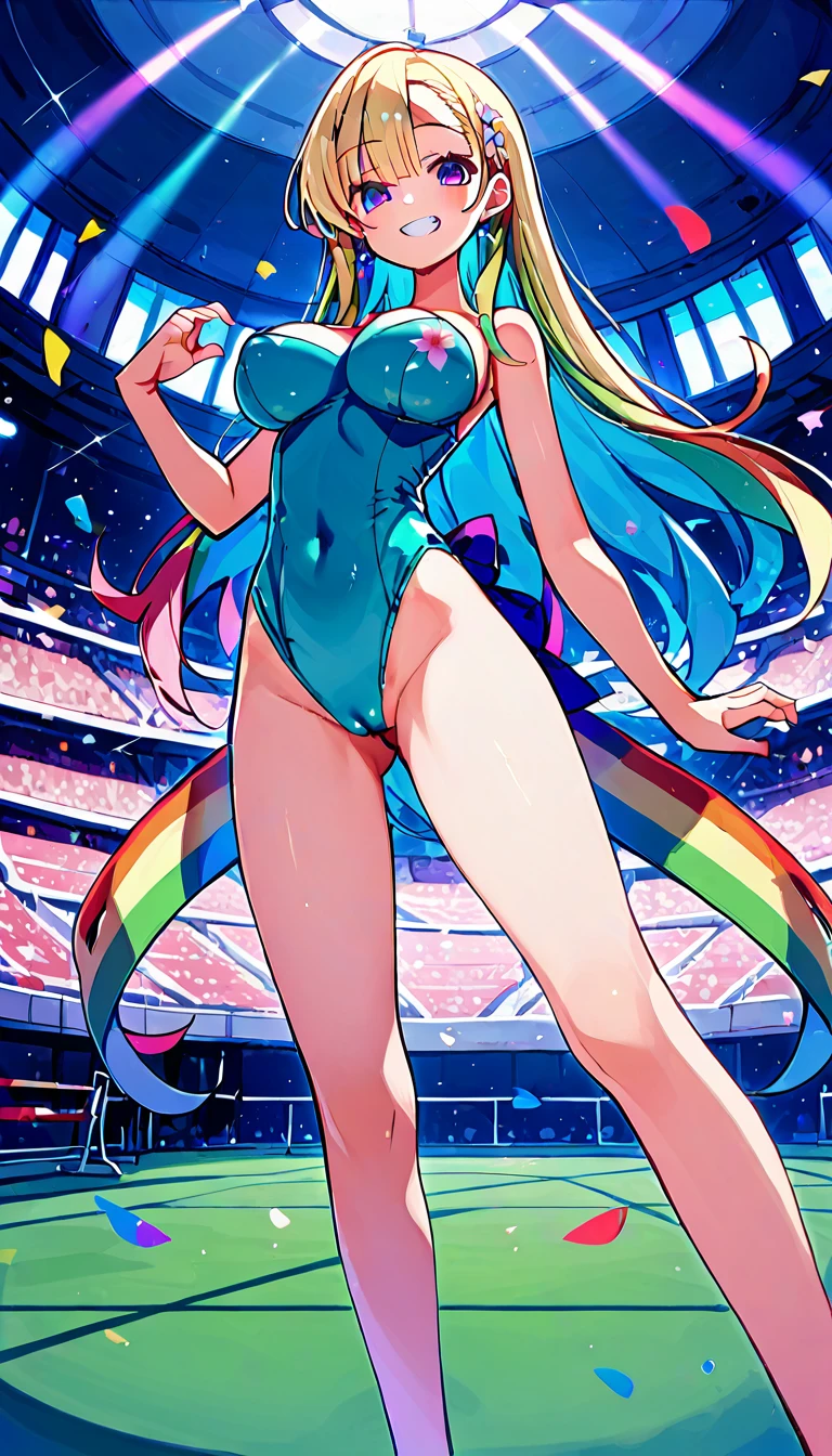 expensivequality illustration, masterpiece, Very delicate and beautiful, Attractive girl,(Gymnastics leotard, Floral leotard,Long sleeve leotard with glittery embellishments,expensive_Leg leotard,athletic leotard,Tight-fitting leotards,Rainbow Gradient Leotard),thin,Slender body,slim,expensive school,Gymnasium background,Gymnastics Club,Gymnast,Princess, Beautiful Eyes、smile、Embarrassing、blush,(masterpiece, Highest quality:1.2), expensiveres, Very detailed CG ユニティ 8k 壁紙, Perfect lighting, colorful, ultra-expensive res,4K,Very detailed, photograph, 8k, High resolution, 、Big Breasts、Female organ、太いpubic hair、pubic hair、Heart Hands、squat、Leg spread