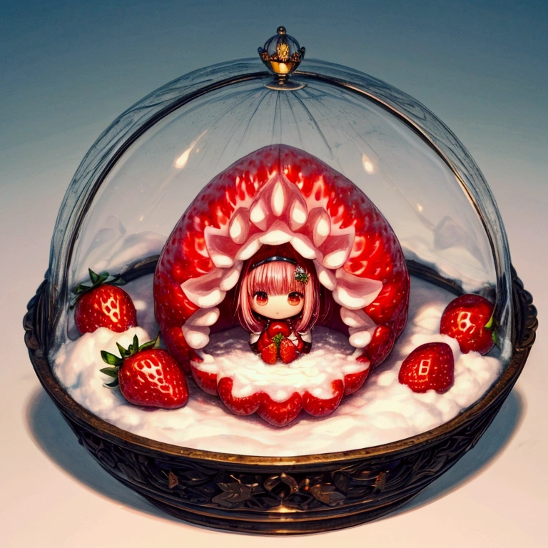 Chibi Character,An illustration,Fantasy,A house carved out of a large strawberry,Large strawberry kernels,Miniature,A snow igloo made by hollowing out a large strawberry.,