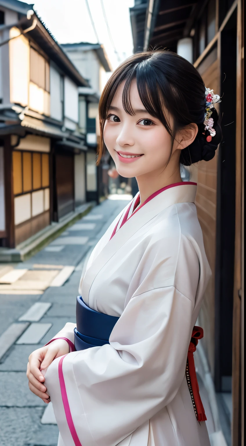 Professional Lighting,(Realistic:1.4), (Top image quality:1.0), (超High resolution:1.0), 8k, Raw photography, (masterpiece:0.2), (Dealing with the Children_v1:0.5)、(最高quality Detail:1.2)、Realistic、8kウルトラHD、High resolution、(1 girl:1.2)、超detailedな、High quality textures、複雑なdetailed、detailed、Very detailed CG、High quality shadows、detailed 美しく繊細な顔、Beautiful details and a delicate eye、(Symmetrical eyes:1.2),Written boundary depth、Ray Tracing,1 girl, Japanese Girls, (Natural smile:1.4),cute, thin, Portrait of a beautiful Japanese woman in a kimono, Standing elegantly on a street corner in Kyoto. Kimono with vibrant traditional patterns, Hair decorated with elegant and delicate hairpins, Gentle expression. (With the old streets of Kyoto in the background:1.4)、The soft light of a spring afternoon、Adding tranquility to the scene. Rendered in a Realistic style with great attention to detail, High resolutionの画像.Sky Porn, Magic Hour, (Realistic:1.3), finely, quality, (Tabletop:1.2), (Realistic:1.2), (最高quality), (複雑なdetailed), dramatic, Ray Tracing, photograph, +roller