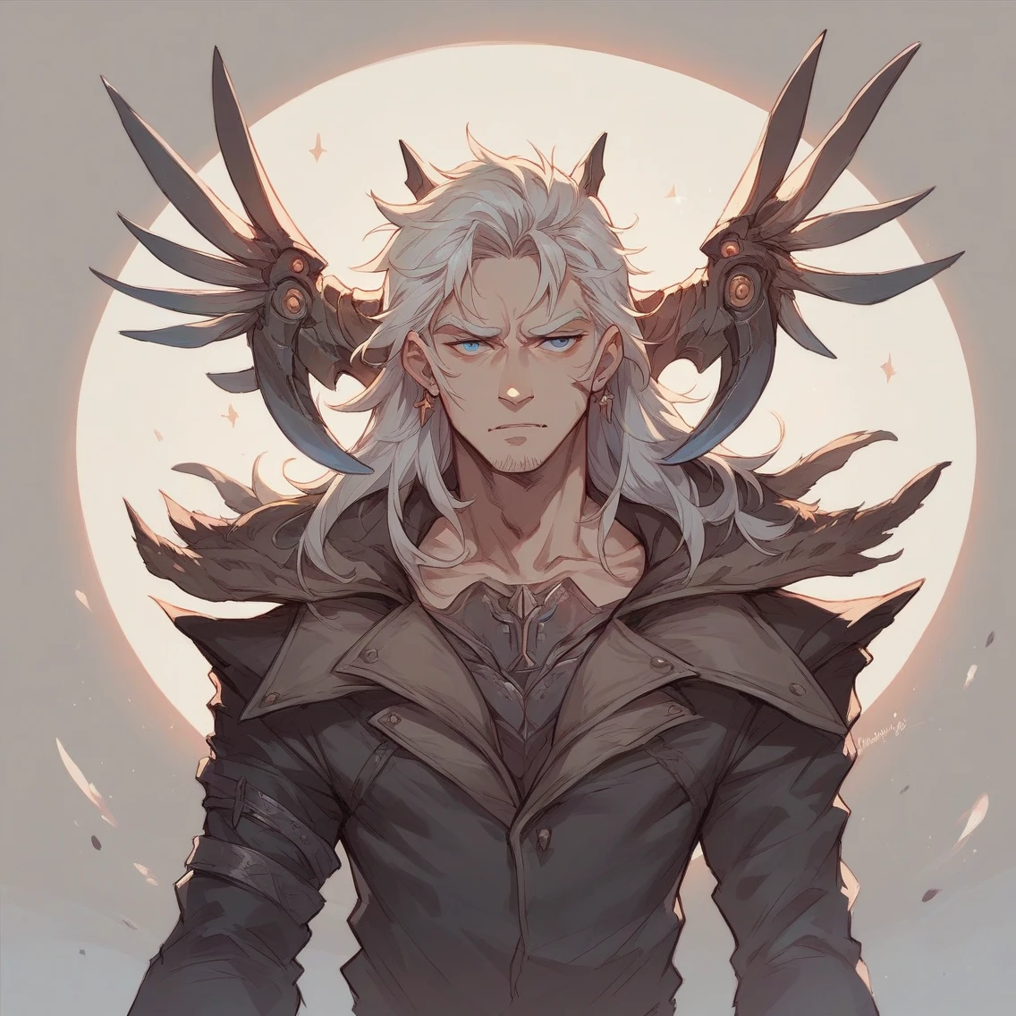 a pale white angry male demon monster with big horns, wings and a great axe, rock skin, detailed face, demonic expression, hyperrealistic, dark fantasy, dramatic lighting, cinematic composition, muted color palette, moody atmosphere