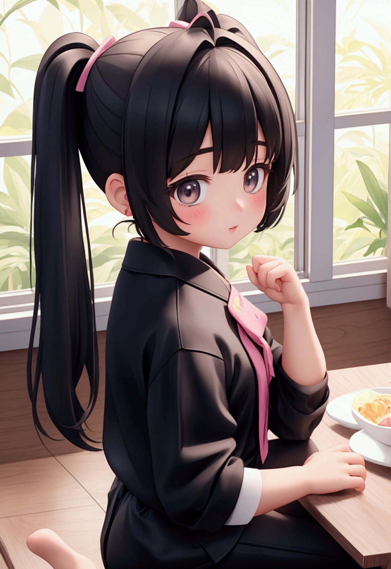 there is a woman sitting at a table., anime thai girl, ruan cute vtuber, ruan jia beautiful!, she has two ponytails, two pigtails hairstyle, pigtails hairstyle, she has a cute expressive face, nivanh chanthara, patiphan sottiwilaiphong, profile pic, with black pigtails
