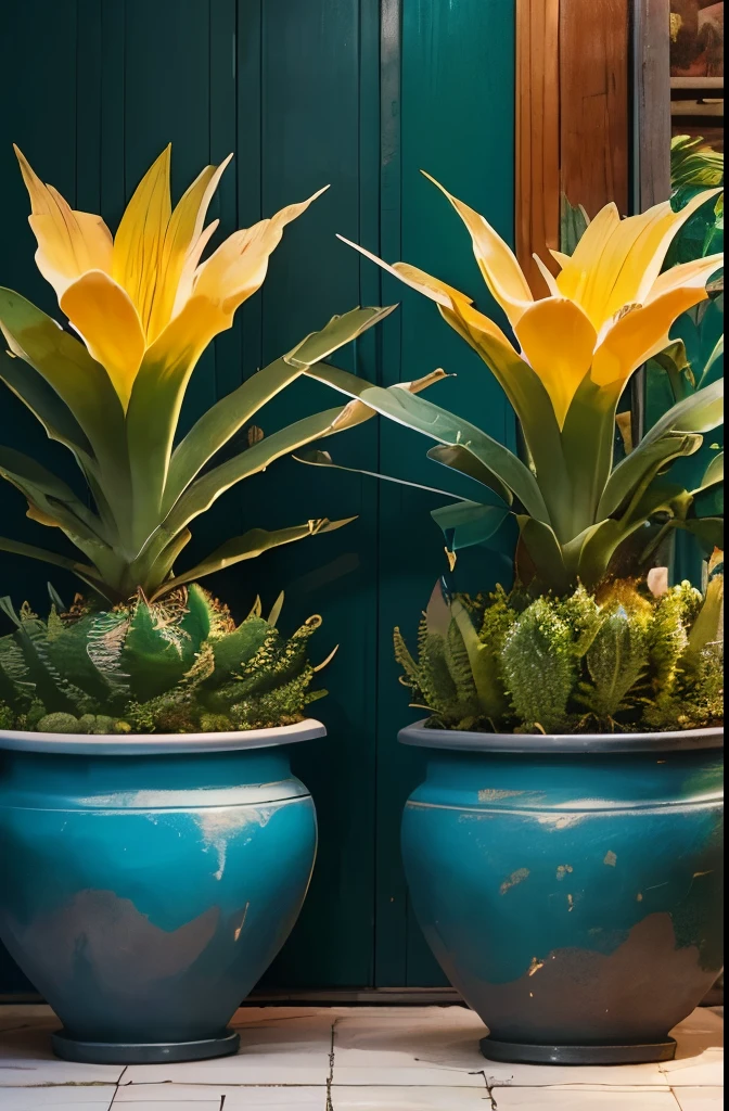 there are two potted plants that are sitting in a pot, bromeliads, flowering pineapples, colorful tropical plants, beautiful plants, ❤🔥🍄🌪, tropical flower plants, large exotic flowers, blooming tropical flowers, blue and yellow fauna, tropical houseplants, cactus and flowers, flowering pineapples and orchids, huge flame fantasy plant, tropical flowers