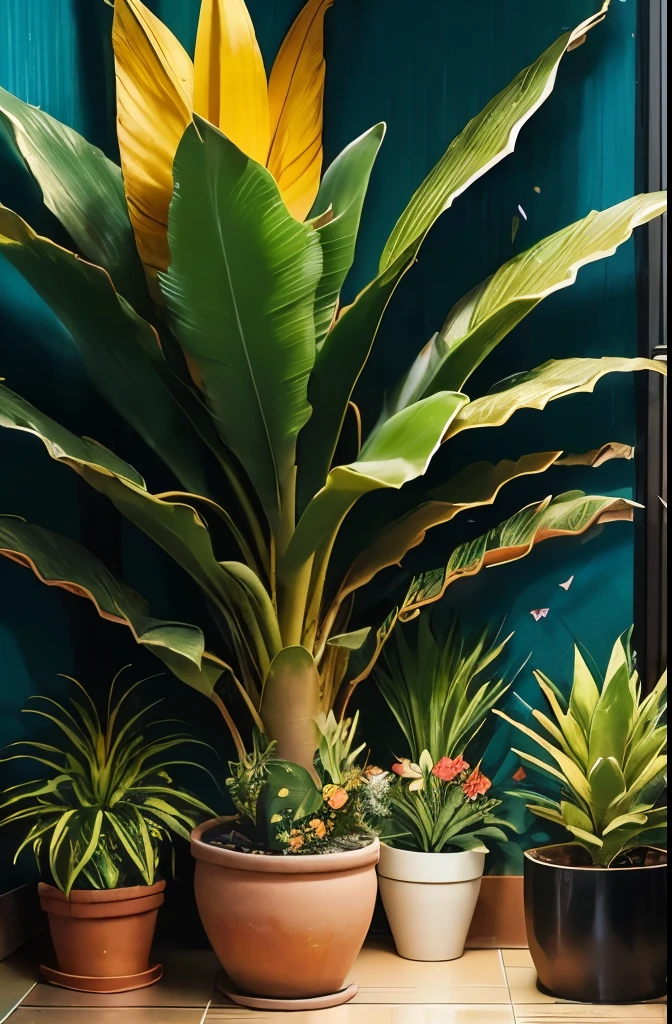 there are two potted plants that are sitting in a pot, bromeliads, flowering pineapples, colorful tropical plants, beautiful plants, ❤🔥🍄🌪, tropical flower plants, large exotic flowers, blooming tropical flowers, blue and yellow fauna, tropical houseplants, cactus and flowers, flowering pineapples and orchids, huge flame fantasy plant, tropical flowers