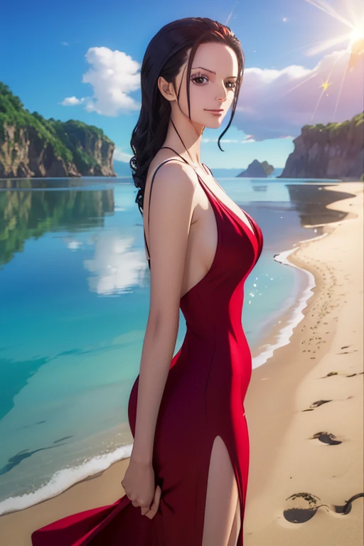 best quality, masterpiece, over  the  sea,1girl (((slit Red Dress)))、Beautiful sunlight on the beach, One Piece character (Nico Robin), ((Long Straight black hair)), smile, extremely beautiful, looking at the viewer, standing in a bikini.(top-quality, 8K, masterpiece:1.3)), A detailed eye, (looking at from the front), Look at the camera, ((Everything is sparkling、reflecting light:1.2)), (Best Ratio: 4 fingers, 1 thumb), (portrait), 1 person, Nico Robin ((one piece)), Beautiful woman with perfect body, Highly detailed facial and skin texture,wearing accessories on head, all fingers pointing at viewer,(((Beautiful white bikini)))