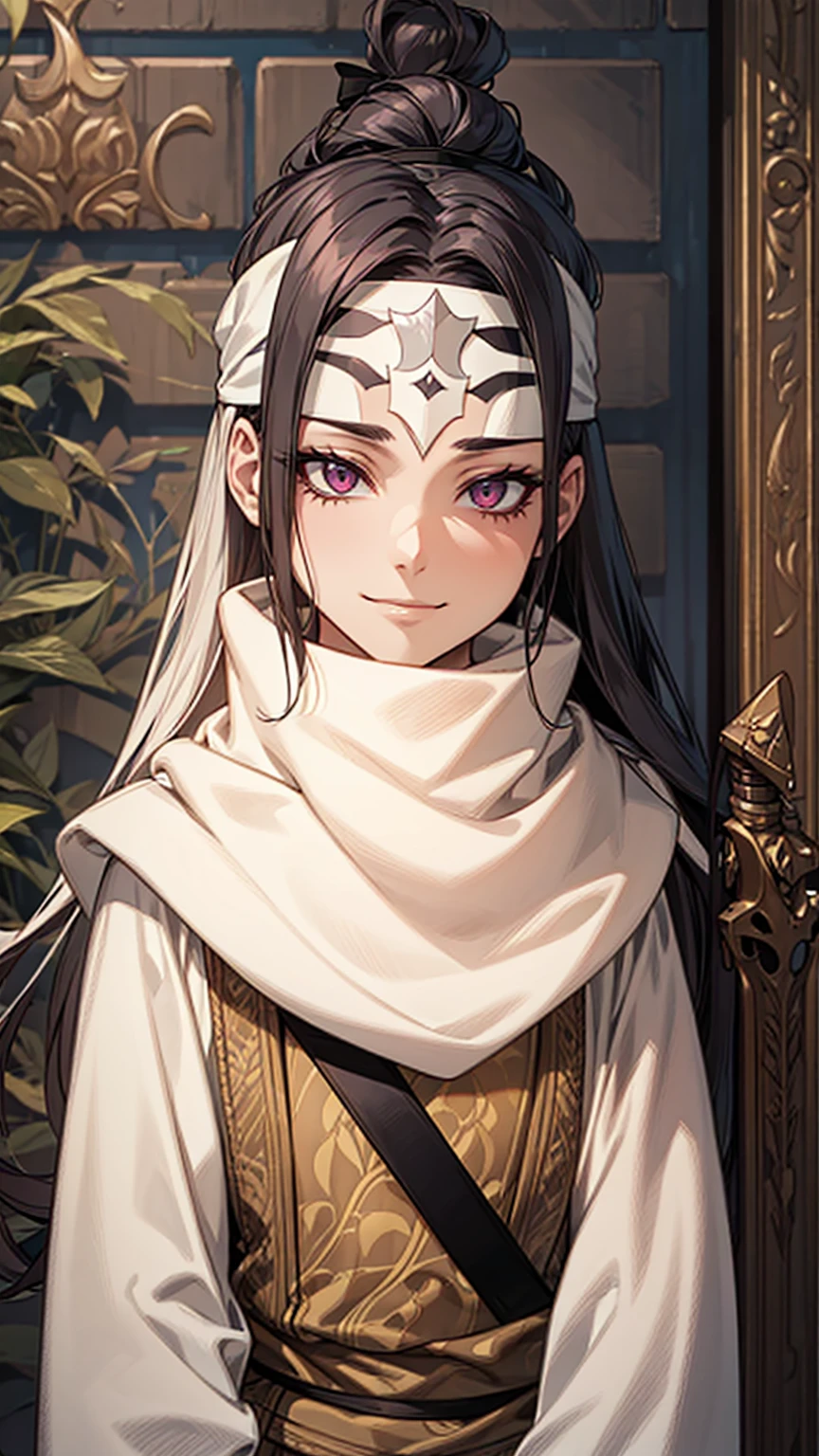 A woman with long hair, wearing a cowl and a headband on her forehead, standing in a small room, guarding and protecting the area, watching intently, with a sword on her back, detailed art work evil smile evil face evil look
