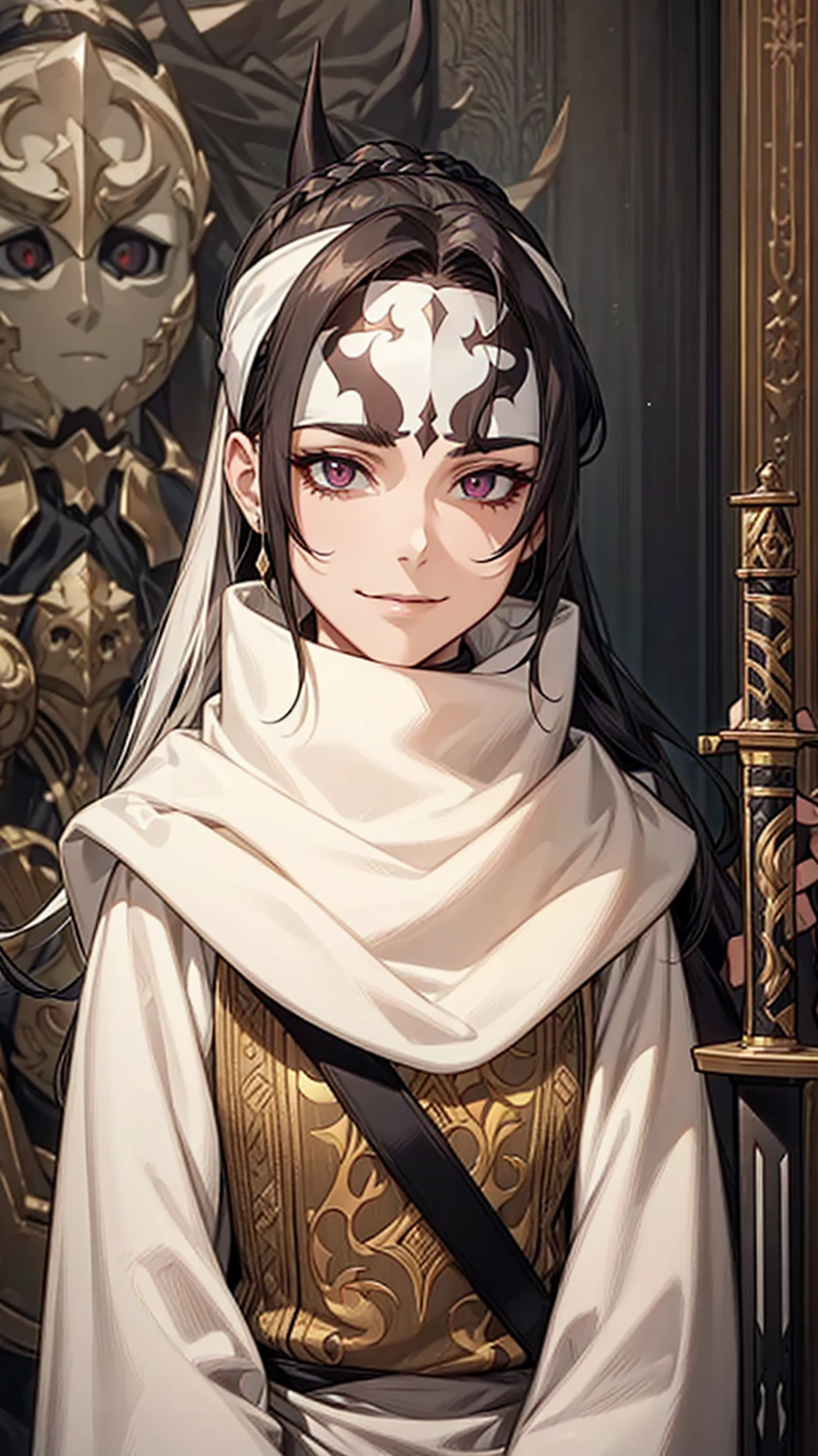 A woman with long hair, wearing a cowl and a headband on her forehead, standing in a small room, guarding and protecting the area, watching intently, with a sword on her back, detailed art work evil smile evil face evil look