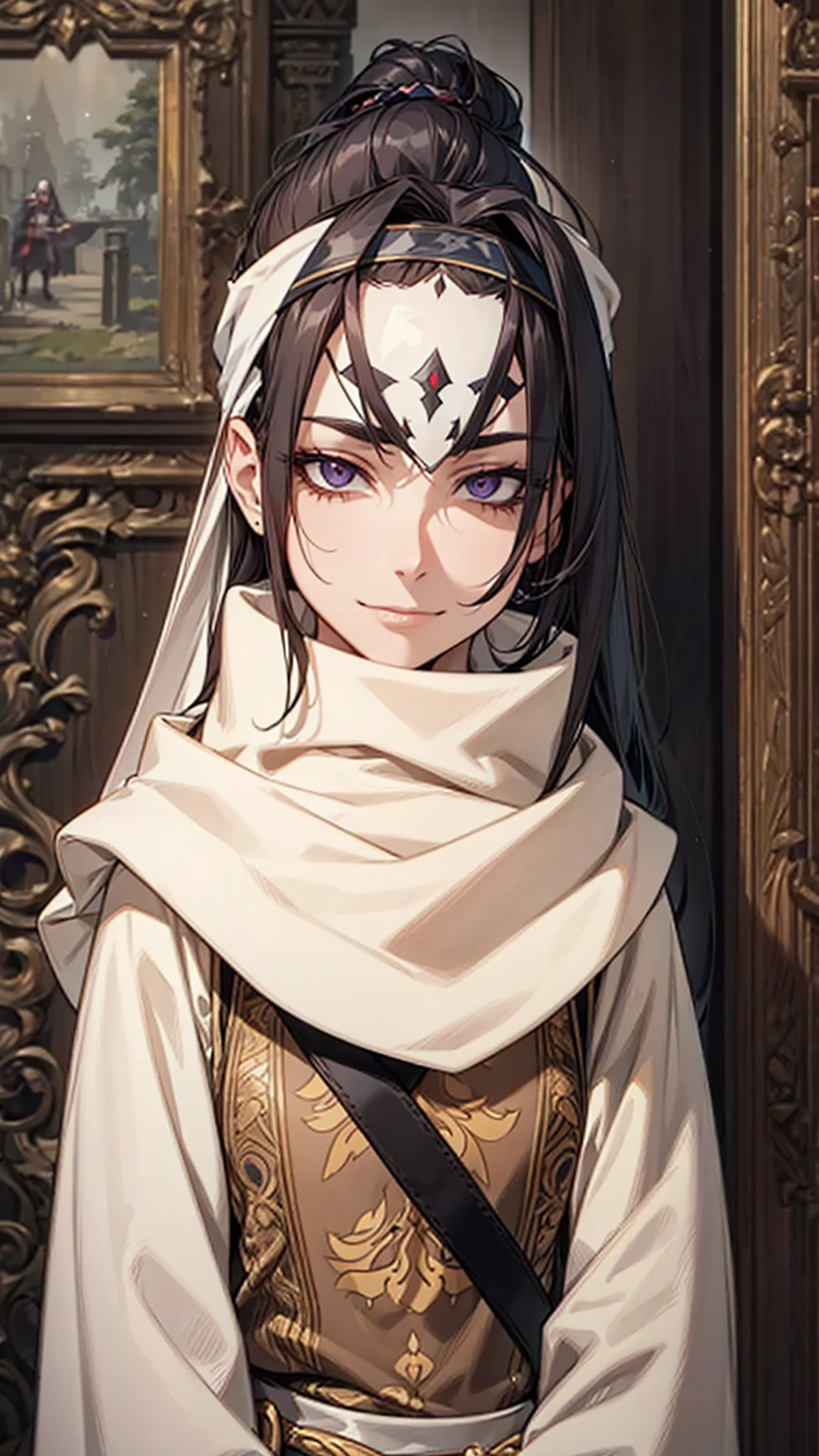 A woman with long hair, wearing a cowl and a headband on her forehead, standing in a small room, guarding and protecting the area, watching intently, with a sword on her back, detailed art work evil smile evil  face evil look