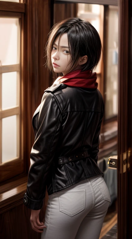 A close-up shot of Mikasa Ackerman standing with her back facing the viewer. She's wearing a paradis military uniform with a red scarf tied around her neck, and a thigh strap on her leg. Her short black hair is styled between her eyes, framing her closed-off expression. A pair of white pants cover her lower half, and a black jacket hangs open to reveal a gun belt at her hip. The lighting is dim, casting shadows on her face, emphasizing the intensity in her black eyes and pursed lips. From behind, the viewer sees the window frame, adding depth to the composition. The overall mood is one of caution, with Mikasa's gaze still fixed on something or someone outside the shot.
