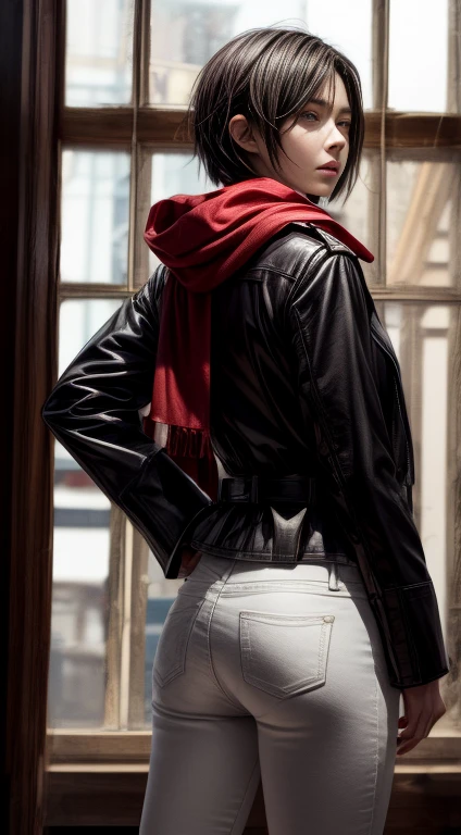 A close-up shot of Mikasa Ackerman standing with her back facing the viewer. She's wearing a paradis military uniform with a red scarf tied around her neck, and a thigh strap on her leg. Her short black hair is styled between her eyes, framing her closed-off expression. A pair of white pants cover her lower half, and a black jacket hangs open to reveal a gun belt at her hip. The lighting is dim, casting shadows on her face, emphasizing the intensity in her black eyes and pursed lips. From behind, the viewer sees the window frame, adding depth to the composition. The overall mood is one of caution, with Mikasa's gaze still fixed on something or someone outside the shot.