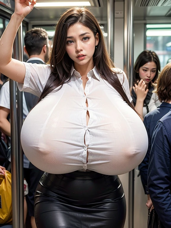 masterpiece, best quality, super detail, 4k, 1 girl, (button-down blouse, pencil skirt), busty, (sweat:1.6), on a crowded subway train