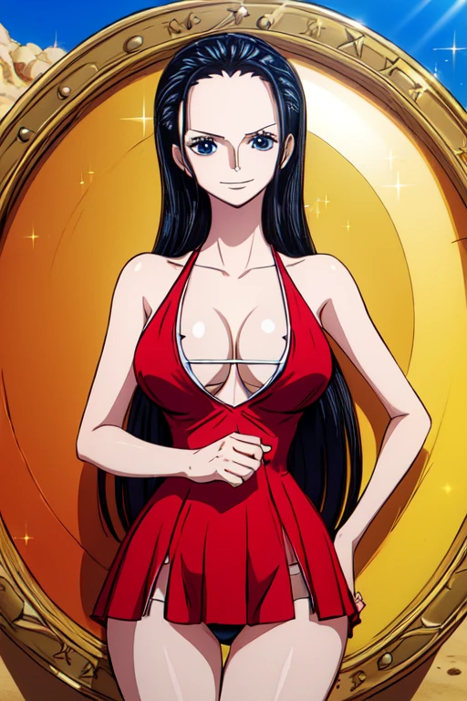 best quality, masterpiece, over the sea,1girl (((slit Red Dress)))、Beautiful sunlight on the beach, One Piece character (Nico Robin), ((Long Straight black hair)), smile, extremely beautiful, looking at the viewer, standing in a bikini.(top-quality, 8K, masterpiece:1.3)), A detailed eye, (looking at from the front), Look at the camera, ((Everything is sparkling、reflecting light:1.2)), (Best Ratio: 4 fingers, 1 thumb), (portrait), 1 person, Nico Robin ((one piece)), Beautiful woman with perfect body, Highly detailed facial and skin texture,wearing accessories on head, all fingers pointing at viewer,(((Beautiful white bikini)))