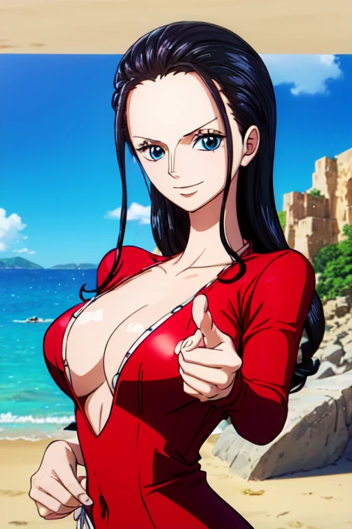 best quality, masterpiece, over the sea,1girl (((slit Red Dress)))、Beautiful sunlight on the beach, One Piece character (Nico Robin), ((Long Straight black hair)), smile, extremely beautiful, looking at the viewer, standing in a bikini.(top-quality, 8K, masterpiece:1.3)), A detailed eye, (looking at from the front), Look at the camera, ((Everything is sparkling、reflecting light:1.2)), (Best Ratio: 4 fingers, 1 thumb), (portrait), 1 person, Nico Robin ((one piece)), Beautiful woman with perfect body, Highly detailed facial and skin texture,wearing accessories on head, all fingers pointing at viewer,(((Beautiful white bikini)))