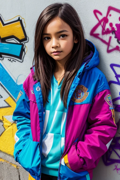 (Best quality), masterpiece, extremely detailed CG illustration of a uniform 8K, saturated color, extremely saturated color saturation, all colors have become deeper, dye, Graffiti art, central composition, extremely detailed light and shadow, graffiti on the wall, wall dyeed bright, 1 girl graffiti 1 girl looking at the wall, very detailed face and eyes, medium length hair, sportswear, colored clouds