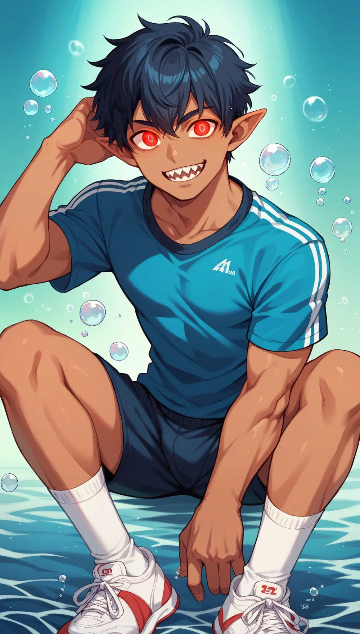Handsome man,Slim body,Dynamic posture,Pointed ears, Solitary, Sportswear,White socks,Glowing eyes, short hair, Red Eyes, Smile, Tanned skin,sharp teeth, Blue black hair,Deep sea background,bubble,Water Flow
