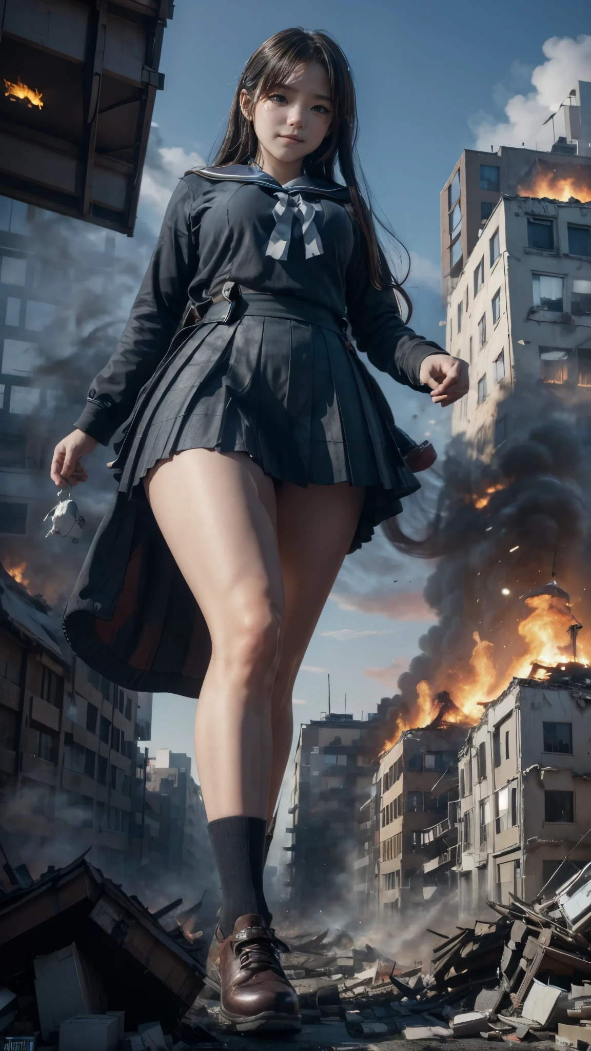 (Giantess elements, high resolution, high quality, accurate body structure, detailed body), Japanese high school girl, sailor uniform, towering giant girl, looking up at approaching woman from below, giant attacks city, cute, girl destroying small town, destroying small town, mischievous expression, Japanese language, white skin, smile, trampling buildings, rubble, burning small town, destroyed small building, collapsed highway, car being crushed, evacuation of residents, sunset, burning small town, please, walk, trample, anatomically correct, accurate human body, accurate skeleton, full body portrait, blue eyes, rubble scattered at feet, taller than skyscrapers, big impact, amazing, giantess elements, drawing women big, increasing destructive elements, making city smaller, rampaging, city, building,