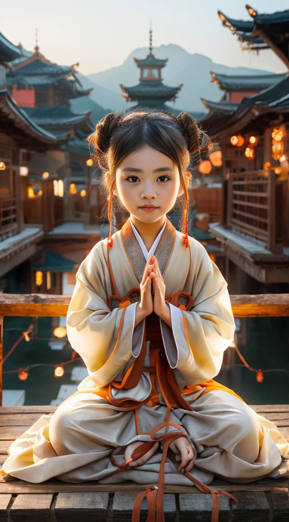 One ,Wearing an orange monk's robe,had his hands folded,sit with legs crossed,A mountain in the background,Face the camera