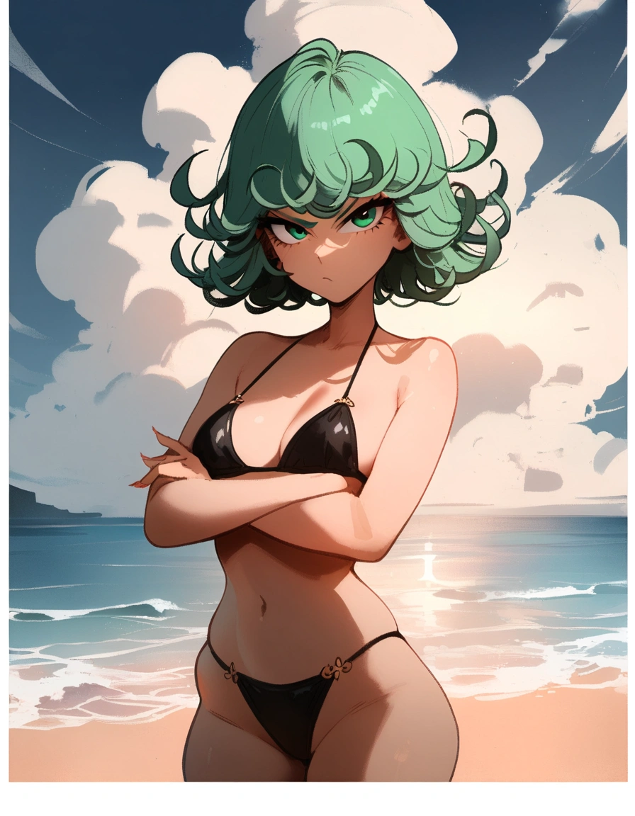 1girl, tatsumaki, one-punch man
\\\\\ masterpiece, best quality, newest ///// nyantcha, khyle, cutesexyrobutts \\\\\ thin waist, solo, black bikini, sky, clouds, cropped legs, crossed arms, angry, day, looking at viewer, dutch angle, beach