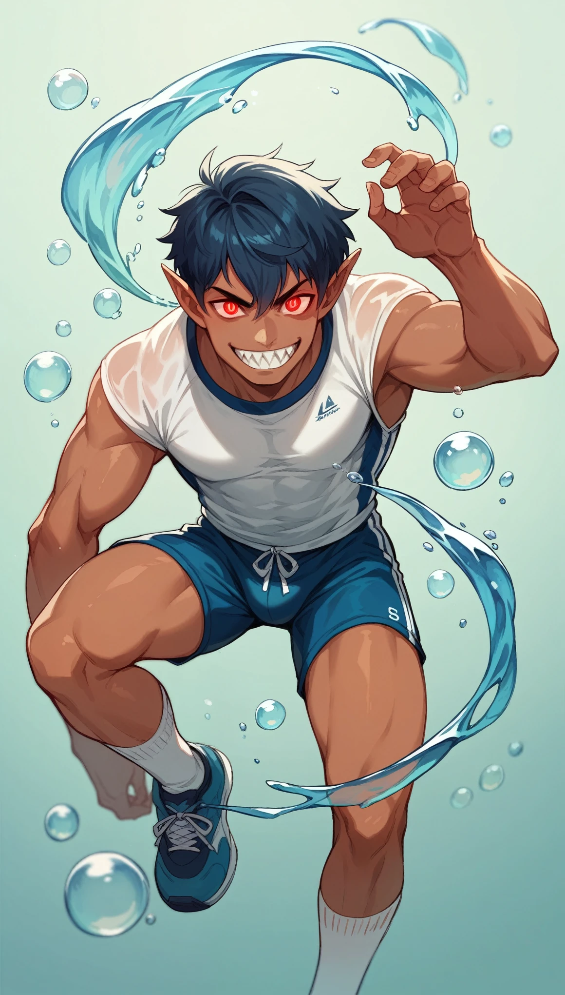 Handsome man,Slim body，Dynamic posture，Pointed ears, Solitary, Sportswear，White socks，Glowing eyes, short hair, Red Eyes, Smile, Tanned skin,sharp teeth, Blue black hair，Deep sea background,bubble,Water Flow