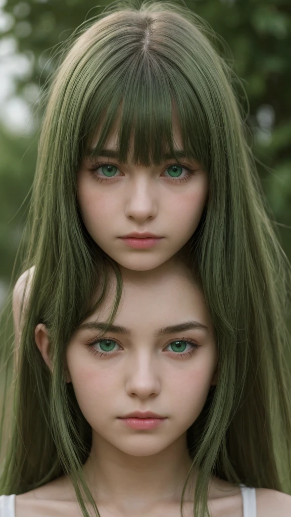 a girl. Europe. Extremely detailed face. Oval face. delicate facial features. half-closed eyes. long straight hair. messy hair. bangs. green hair. green eyes. afraid. Sad. shy. straight face