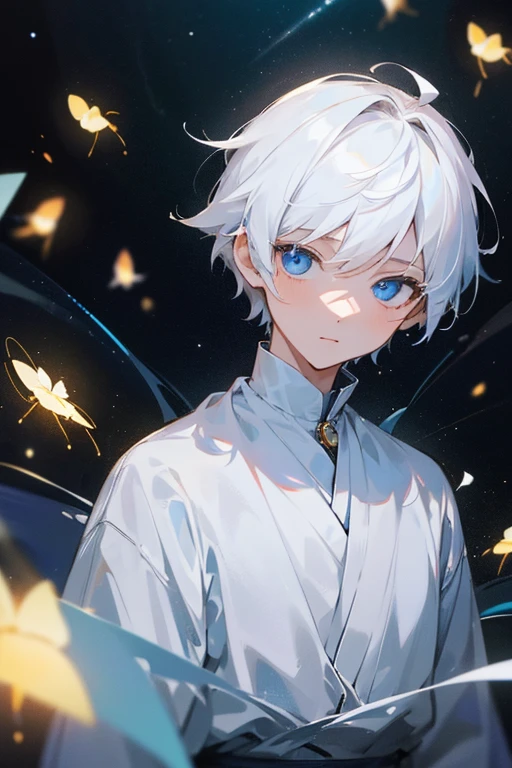 masterpiece, The most beautiful, look into space, young boy, upper body, simple clothes, White hair, blue eyes, The surrounding lights are like fireflies, focus on beautiful young boys