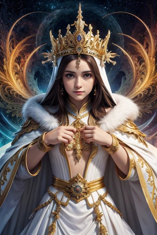 (masterpiece, top quality, Best quality, official art, beauty and aesthetics: 1.2), (1 girl), extreme detail, (fractal art: 1.3), colorful, Supreme detail, perfect face, upper body, HDR, Prayer, (white cloak with gold lines: 1.2), Starry sky, falling star, light stripes, Surrealism.