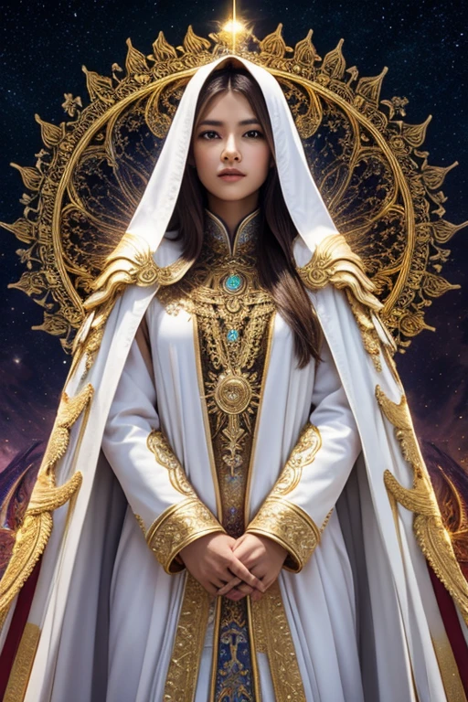 (masterpiece, top quality, Best quality, official art, beauty and aesthetics: 1.2), (1 girl), extreme detail, (fractal art: 1.3), colorful, Supreme detail, perfect face, upper body, HDR, Prayer, (white cloak with gold lines: 1.2), Starry sky, falling star, light stripes, Surrealism.