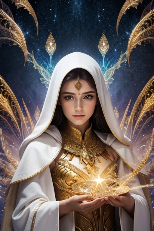 (masterpiece, top quality, Best quality, official art, beauty and aesthetics: 1.2), (1 girl), extreme detail, (fractal art: 1.3), colorful, Supreme detail, perfect face, upper body, HDR, Prayer, (white cloak with gold lines: 1.2), Starry sky, falling star, light stripes, Surrealism.