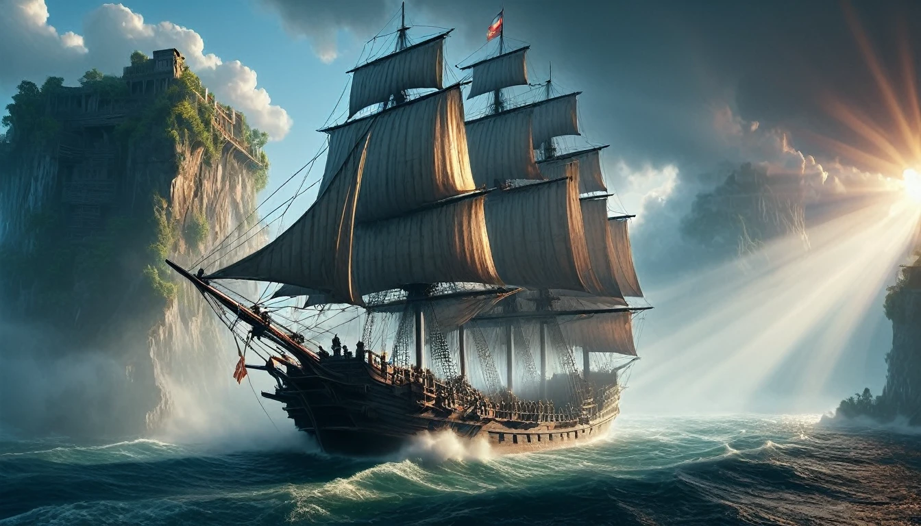 a privateer ship in the 1700s, detailed sea fort, Asian soldier, dramatic lighting, cinematic composition, epic scale, realistic, photorealistic, best quality, 8k, masterpiece, ultra-detailed, vivid colors, dramatic lighting, volumetric fog,  detailed textures, intricate details, god rays