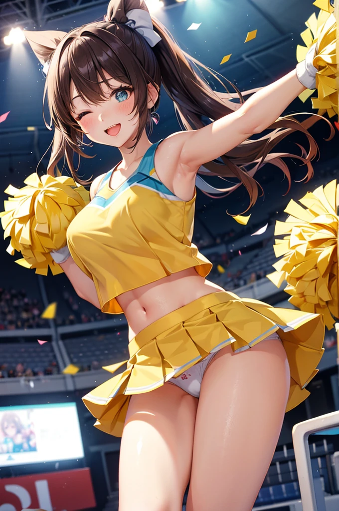 A beautiful 20 year old girl, anime girl, cheerleader, yellow pom poms, (cheerleaders:1.5), (pompoms:0.8), I'm rooting for you, jumpping, cheer jumps, girly pose, dynamic motion, dynamic moves, football stadium, football field, burst of confetti, cheering crowd, cheerleader costume, (mini skirt), skirt lift, happy atmosphere, vibrant colors, white sneakers, white short socks, flowers panties, (white panties:1.4), dark brown hair, bangs, ponytail, wavy hair, expressive hair, shiny hair, hair ornament, hair bow, one eye closed, aqua eyes, glowing eyes, earrings, open mouth, smile, blush, bright pupils, seductive smile, happy, red lips, tongue, upper teeth, big round breasts, slim waist, navel, defined body, full body, slim legs, defined thighs, anime, image fill, border, first-person view, pov, three-quarter front angle, perspective, Wide-Angle, macro photo, f/1.8, 85mm, Sony FE GM, 8k, super detail, UHD, retina, masterpiece, accurate, anatomically correct, best quality, highres