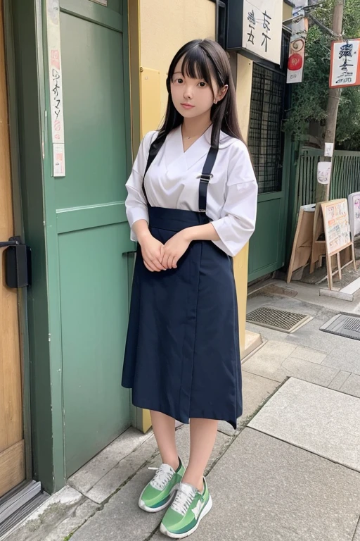 One girl, High resolution, Japanese women in their 20s、Black Hair、Shortcuts、green apron、Green long skirt、Japanese restaurant clerk、Navy blue sneakers on both sides