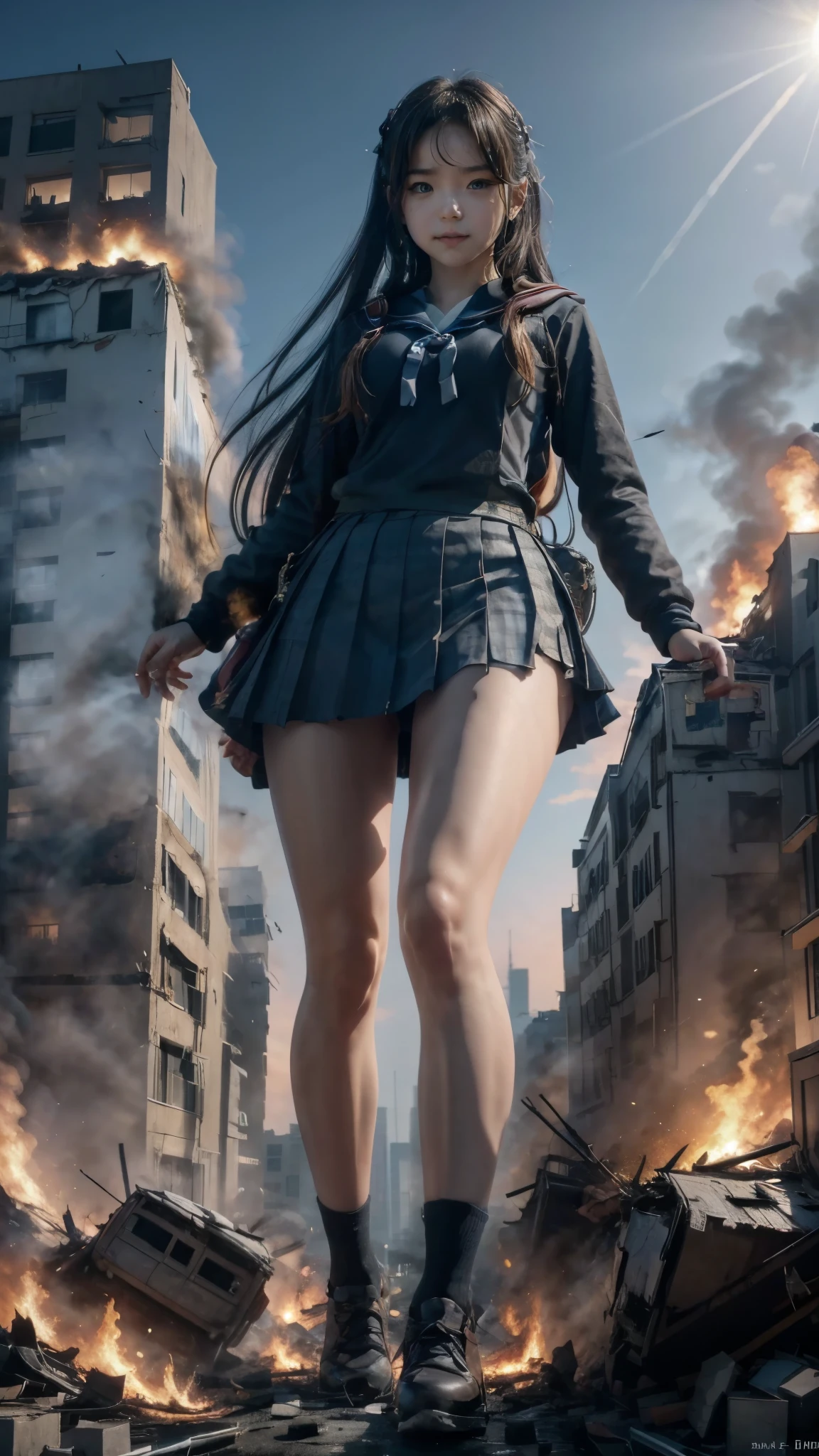 (Giantess elements, high resolution, high quality, accurate body structure, detailed body), Japanese high school girl, sailor uniform, towering giant girl, looking up at approaching woman from below, giant attacks city, cute, girl destroying small town, destroying small town, mischievous expression, Japanese language, white skin, smile, trampling buildings, rubble, burning small town, destroyed small building, collapsed highway, car being crushed, evacuation of residents, sunset, burning small town, please, walk, trample, anatomically correct, accurate human body, accurate skeleton, full body portrait, blue eyes, rubble scattered at feet, taller than skyscrapers, big impact, amazing, giantess elements, drawing women big, increasing destructive elements, making city smaller, rampaging, city, building,