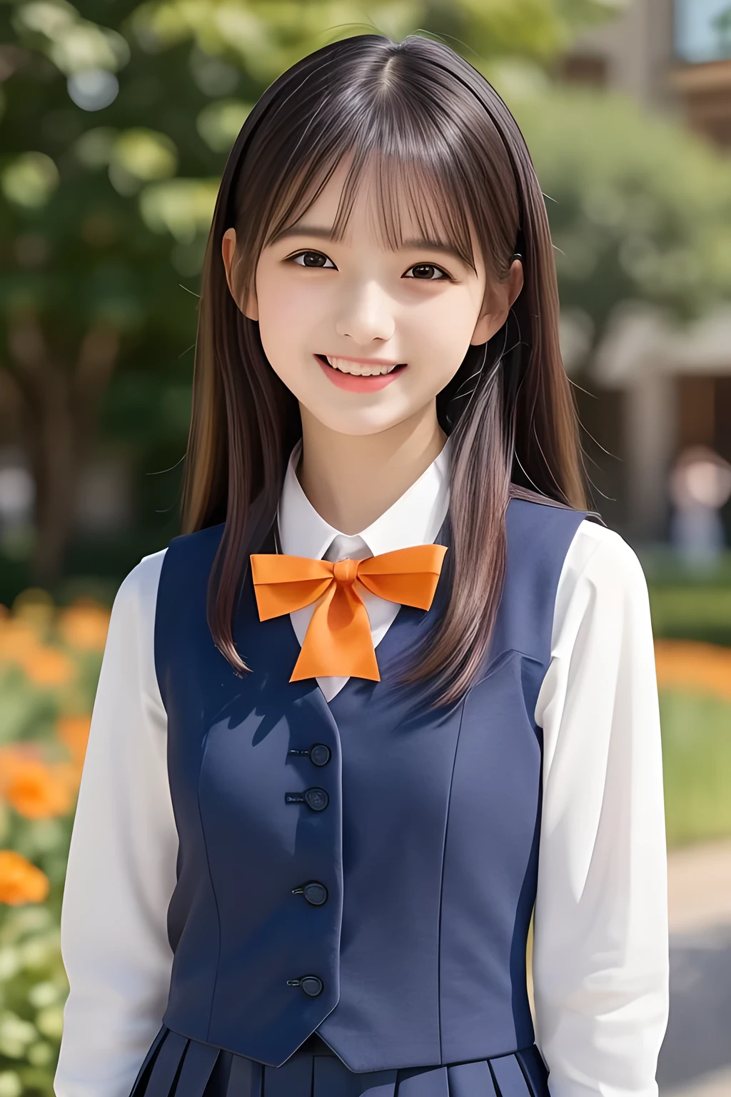 (highest quality, masterpiece, high resolution:1.2), 4K, (Photo quality detailed face: 1.2), (Giorgione painting style), geometry,  yo beautiful girl, Laughing cutely, (neat girly white school blouse), (Red school ribbon on the breast), (Gray Japanese school girly vest Uniform), (Beautiful light-amber-orange cute girly eyes with detailed cutely: 1.2)