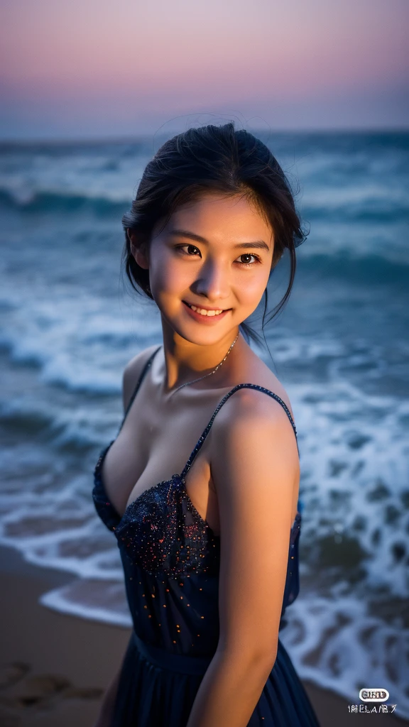 1girl, 20 years old, Smiling Kindly、((leica 50 mm prime lens, cinestill 800T film))、((cinematic lighting))、(Cleavage)、one piece、(((Beautiful starry sky on the beach at night)))、((Very dim lighting))、((Don't expose your face to the light))、((Long-distance shot))、(High quality indistinguishable from live-action)、RAW Photos、Genuine、live-action、(Artistic Expression)、High resolution、masterpiece