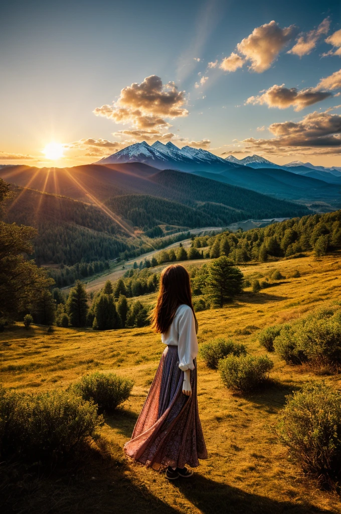 1 girl, happy expression, Charming eyes, straight long hair, flowy skirt, big, I look at the sun, Calm posture, porcelain skin, subtle blush, crystal pendant BREAK golden hour, (edge lighting): 1.2, cool colors, solar flare, soft shadows, Bright colors, Drawing effects, fantastic atmosphere BREAK Picturesque lakes, distant mountains, pine trees, Mountain peaks, reflections, sunny clouds, Calm atmosphere, idyllic sunrise, ultra detailed, official art, Unified Wallpaper 8K, zentangle, mandala