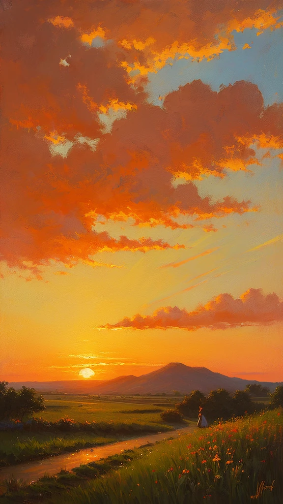 Highest quality、Landscape painting、Plains、Sunset、orange、Looking back