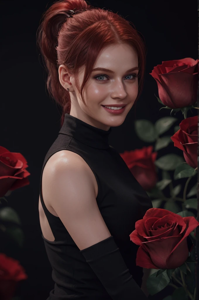 girl , 1solo, ponytail hairstyle ,Auburn-red-hair,smile, digital painting, dramatic lighting, ultra realistic, smooth, soft 8k, art , blur backgrond, wearing black shirt, hold roses  ,black background , bokeh, roses , botanique , look at view, roses