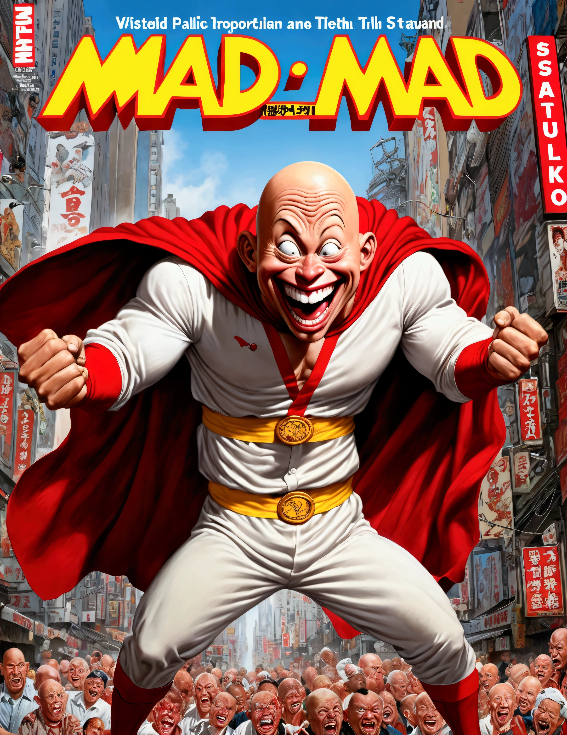 (Mad Magazine cover) (A muscular bald man with a wide grin, a classic Alfred E. Neuman face, classic Saitama pajama outfit with blanket cape) in a heroic one-punch pose, the bloody remains of a monster strewn across a panicked crowd in downtown Tokyo, dynamic action, cinematic lighting, digital painting, highly detailed, 8k, photorealistic, dynamic composition, dramatic atmosphere, striking colors, vibrant (title across the top MAD)
