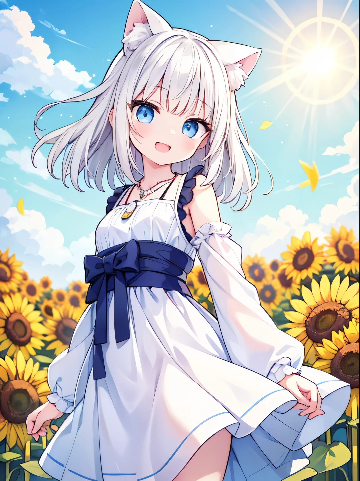 (Sunflower field), (A girl), Lovely, Summer dress, (happiness:1.3), open mouth, (Cat ear), (Necklace), ((White hair)), Carly Bob, (Keep your arms at your sides), blue eyes, summer, sun, noon, outdoor, (Cowboy shooting), ((best quality)), ((masterpiece)), (detailed), Perfect face, Perfect hands臂, Perfect hands, Perfect hands指, Japanese cartoons, Super detailed illustrations,
