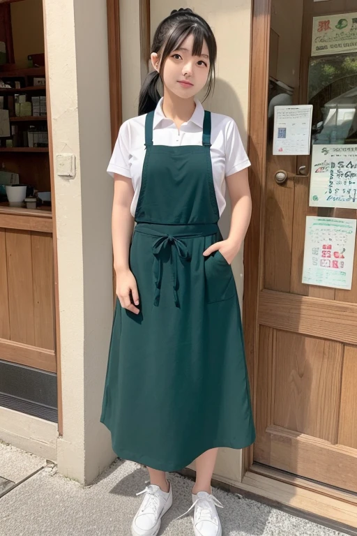 One girl, High resolution, Japanese women in their 20s、Black Hair、Shortcuts、green apron、Green long skirt、Japanese restaurant clerk、Navy blue sneakers on both sides、ponytail
