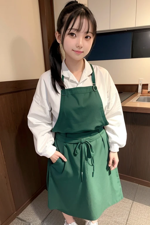 
One girl, High resolution, Japanese women in their 20s、Black Hair、Shortcuts、green apron、Green long skirt、Japanese restaurant clerk、Navy blue sneakers on both sides、ponytail