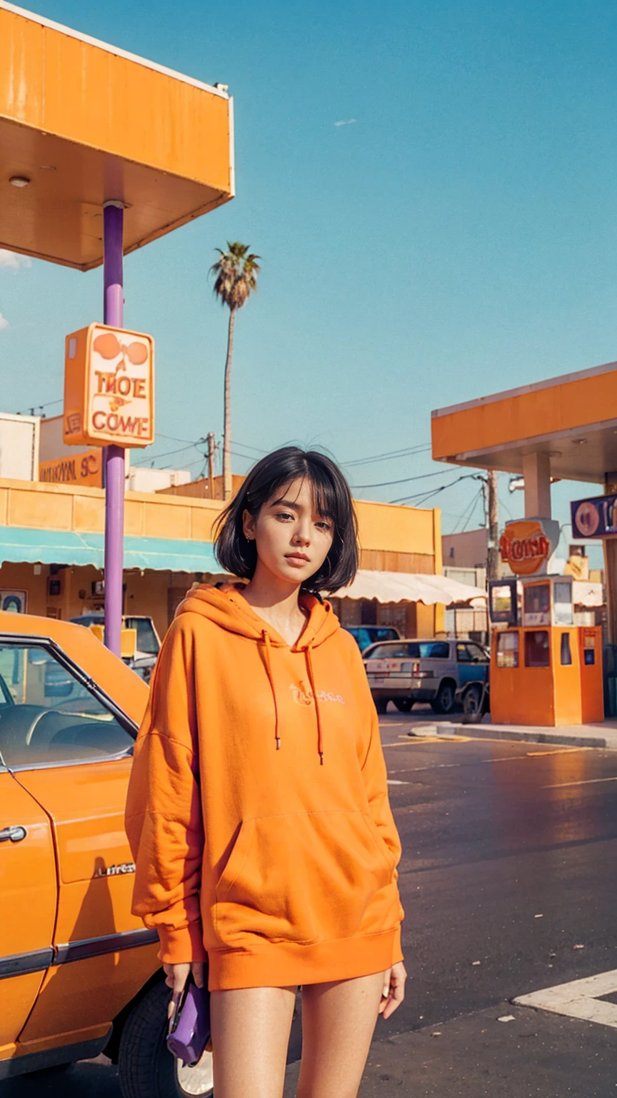 (long shot photograph) of cute 23 yo girl,wear ((orange color oversized_hoodie)), wear ((purple)) tennis skirt)),looking front,Best Quality,Masterpiece,Ultra High Resolution,(Realisticity:1.4),Original Photo, light leak,ultra high resolution,UHD,beautiful, (black bob hairstlye), almond eye, no makeup, in front of ((80's colorful color gas station)), (realistic:1.2), (surreal:1.3), (very detailed:1.1), ((masterpiece)),summer, blue sky, (palm trees),sunny, los angles vibes,film camera, 800mm lens,