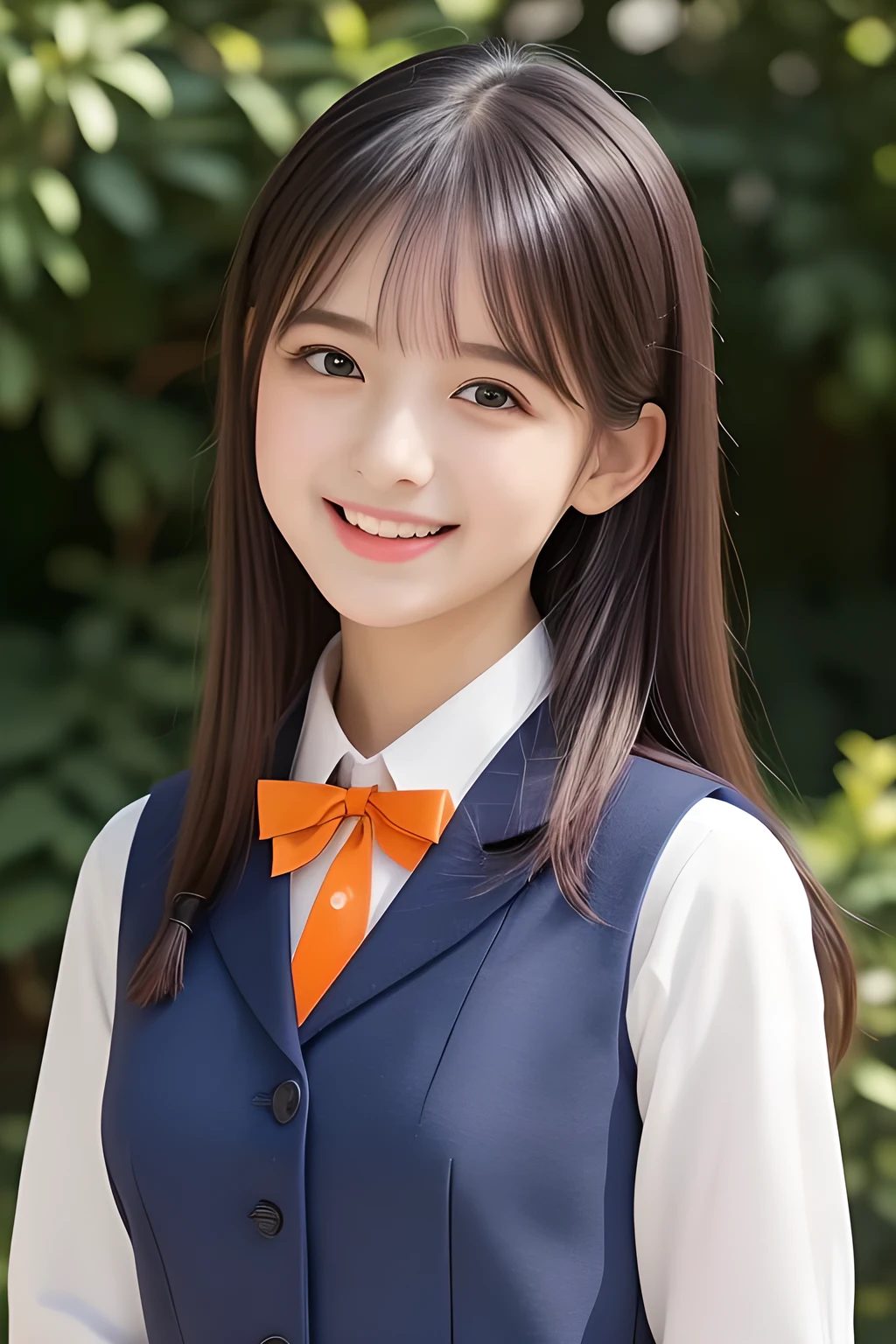 (highest quality, masterpiece, high resolution:1.2), 4K, (Photo quality detailed face: 1.2), (Giorgione painting style: 1.0), geometry, yo beautiful girl, Laughing cutely, (neat girly white school blouse), (Red school ribbon on the breast), (Gray Japanese school girly vest Uniform), (Beautiful light-amber-orange cute girly eyes with detailed cutely: 1.2)