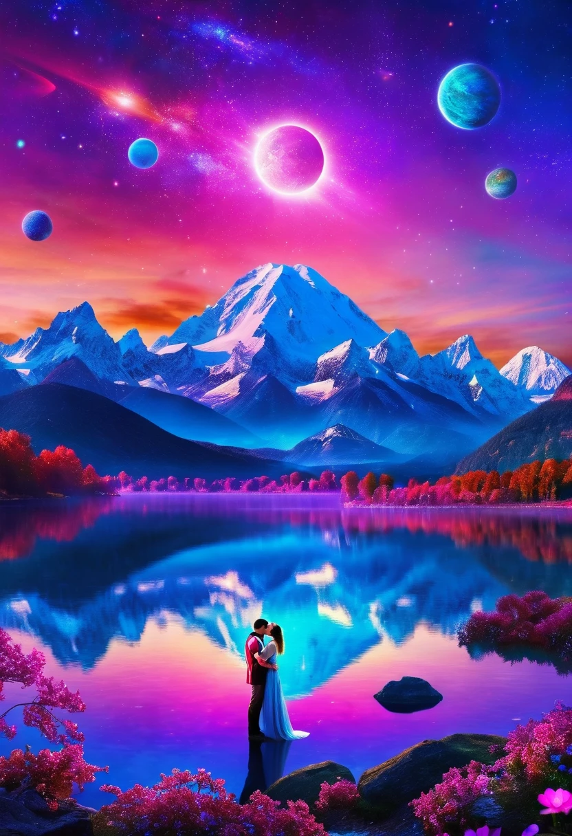 Imagine a vibrant future world, a scene filled with isoteric elements and multihued neons primarily in shades of purple and blue. Here, mountains and a tranquil lake dot the panorama. The sky's dome, vast and mysterious, hosts various planets, and radiant, ethereal sunbeams peek through the cosmic assembly. Amidst all this grandeur stands a couple engaged in a tender kiss. The lovers, are a testament to the undying human emotion in this out-of-the-world setting. It's surreal, it's futuristic, and it's breathtakingly beautiful,(Best quality,8k,high resolution,masterpiece:1.2),Super detailed,(whole body:1.8), magazine photography,Popular on social platforms,((Dopamineism)),(((Dopamine color matching))),Dopamine,(in the style of Y2K),Luo Erchun,Three-dimensional ancient style,Oriental poetry and painting