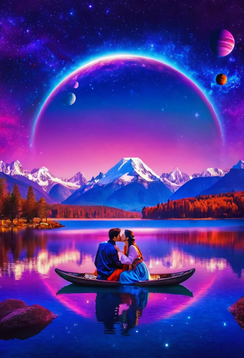Imagine a vibrant future world, a scene filled with isoteric elements and multihued neons primarily in shades of purple and blue. Here, mountains and a tranquil lake dot the panorama. The sky's dome, vast and mysterious, hosts various planets, and radiant, ethereal sunbeams peek through the cosmic assembly. Amidst all this grandeur stands a couple engaged in a tender kiss. The lovers, are a testament to the undying human emotion in this out-of-the-world setting. It's surreal, it's futuristic, and it's breathtakingly beautiful，(Best quality，8k，high resolution，masterpiece:1.2)，Super detailed，(whole body:1.8), magazine photography，Popular on social platforms，((Dopamineism))，(((Dopamine color matching)))，Dopamine，(in the style of Y2K)，Luo Erchun，Three-dimensional ancient style，Oriental poetry and painting
