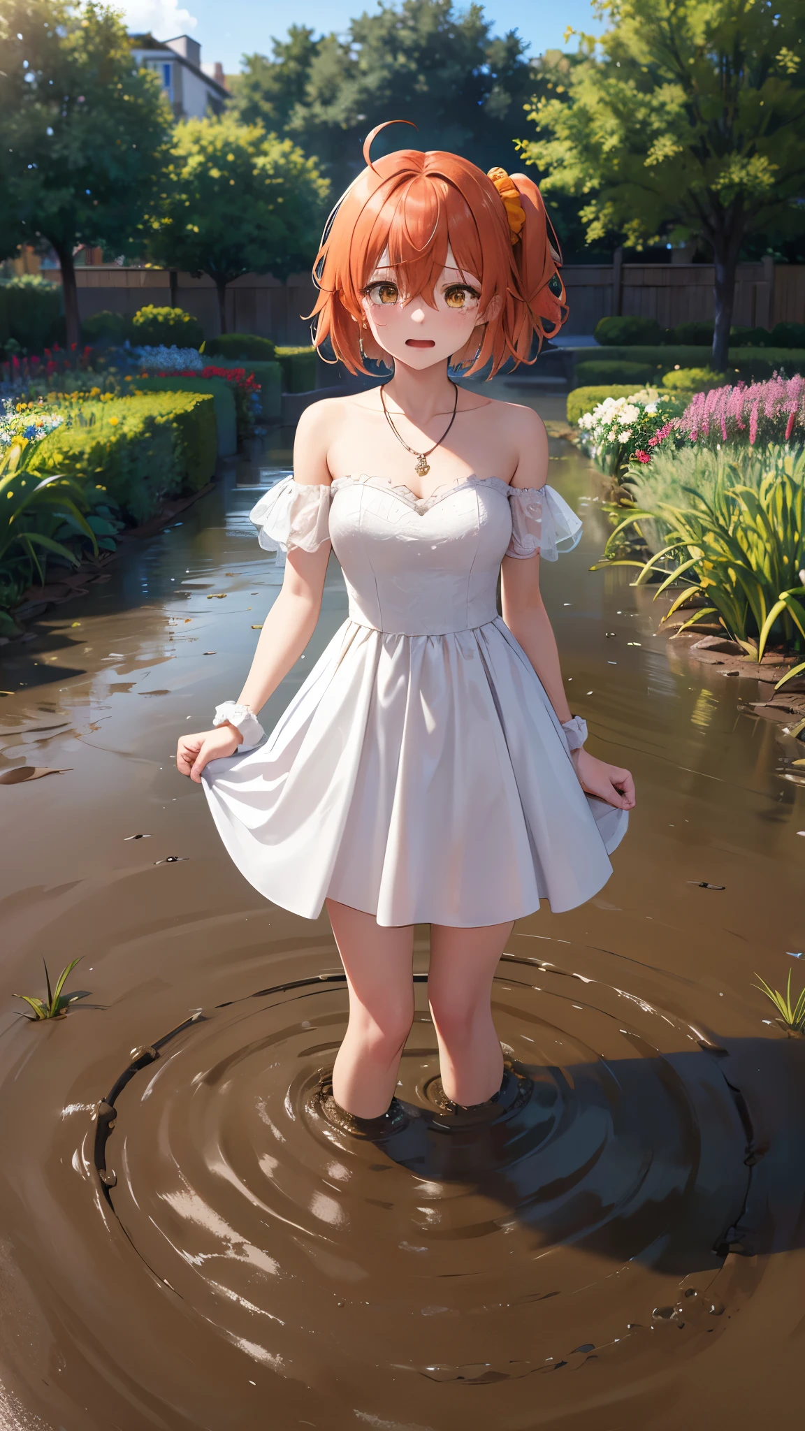 masterpiece, best quality, highres, aaritsuka, short hair, ahoge, hair scrunchie, orange scrunchie, city, garden, wedding dress, off the shoulder, collarbone, necklace, jewelry, (sinking in mud), (tears in her eyes), standing