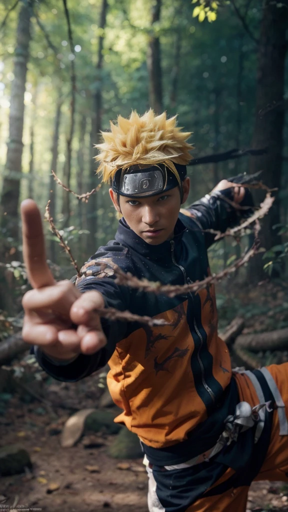 ((masterpiece,best quality)), Create an image of Naruto Uzumaki in a dynamic action pose, set in a lush forest. Naruto should be wearing his iconic orange and blue outfit, with a determined expression on his face. Capture the essence of his ninja abilities, with leaves and branches swirling around him as if moved by his movements. The background should depict a dense forest with sunlight filtering through the trees, detailed face, detailed eye, detailed hand, relistic, cinematic, 4k