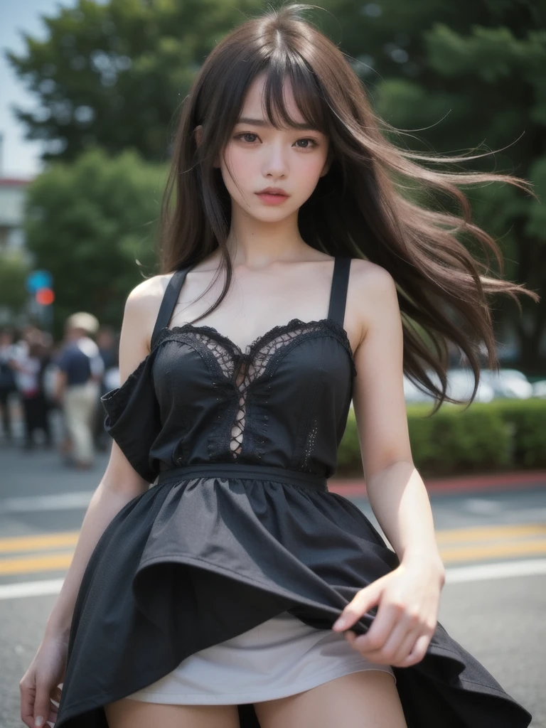 (Full shot:1.3), (best quality:1.4), 1girl, JAV, cute face, pink lace tanktop with long skirt, very close crowded, on the crowd lift, emotional posing, wavy hair, bangs, (hair blowing in the wind:1.2), (dramatic moment:1.3), (dynamic object:1.3), (kinetic motion:1.2), film looks, RAW photo, beauty shadow, neon light, natural lighting, detailed skin, detailed face and eyes, ultra highly detailed, surreal view, sharp focus, shot by zenit analog film, cinematic portrait by annie leibovitz, aesthetic photography in 2024, (candid:1.5)