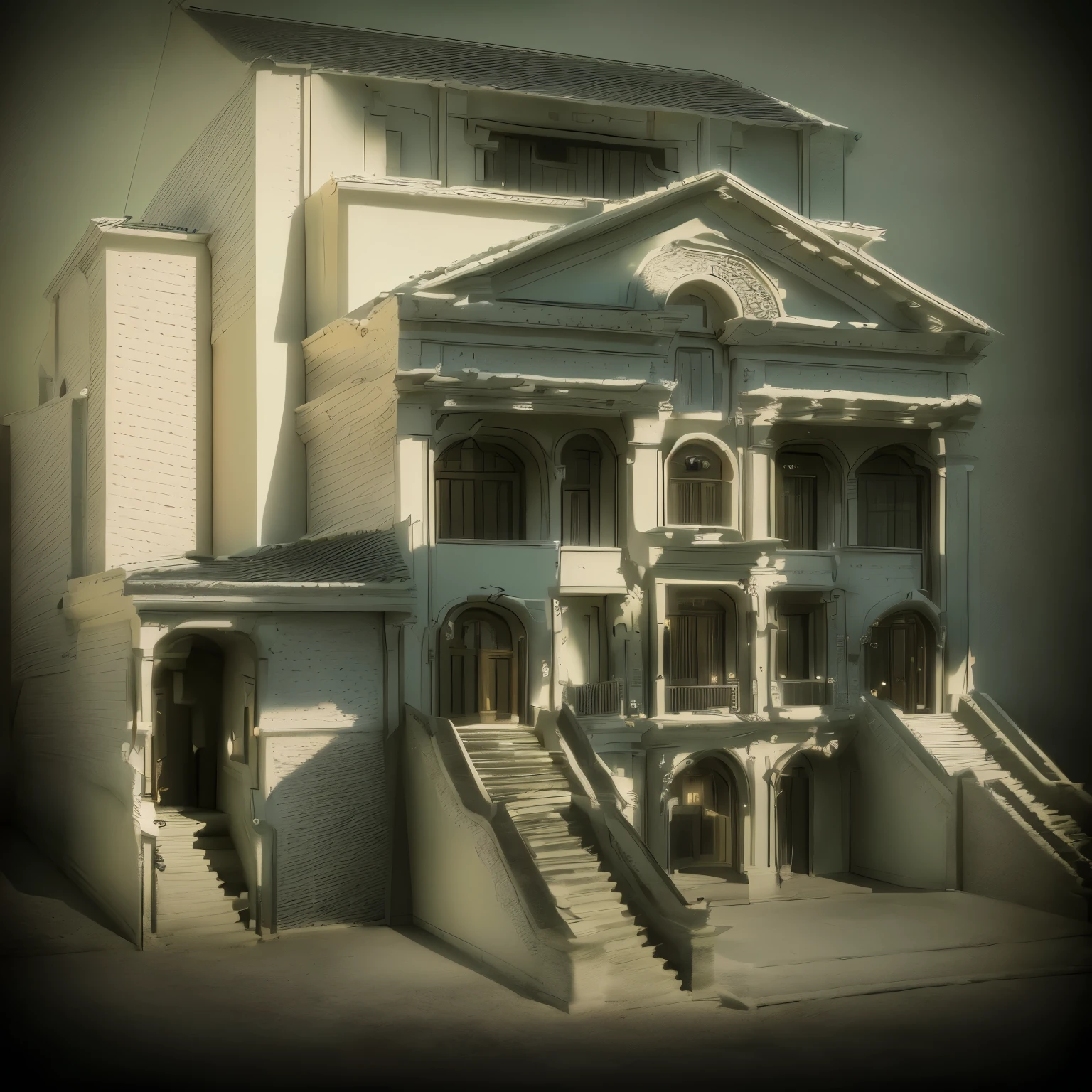 a drawing of a house with a staircase going up to the top, piranesi style, inspired by Piranesi, cinematic architectural scale, inspired by Giovanni Battista Piranesi, monochrome 3 d model, architectural concept, roman architecture, architectural drawing, an ambient occlusion render, raytraced 3d set design, classical architecture, surrealistic roman architecture, by Felix-Kelly